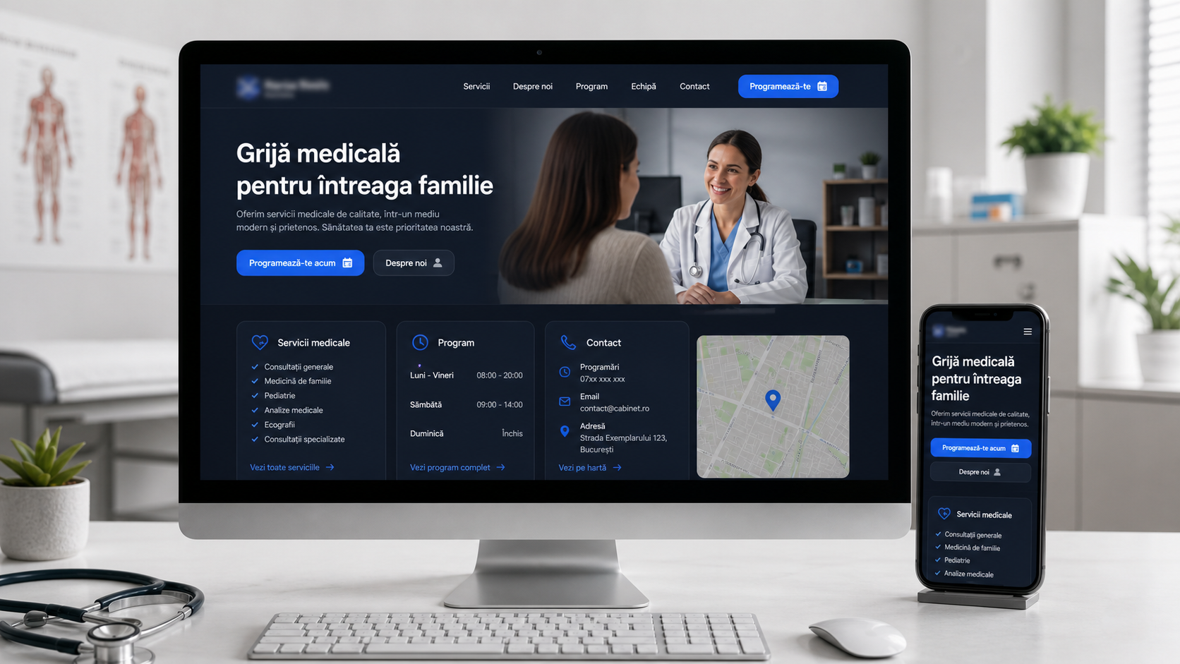 Exemplu de site pentru cabinet medical afișat pe laptop și telefon